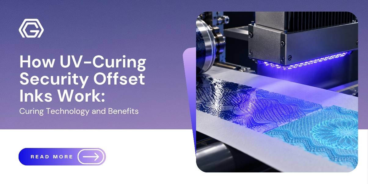 UV LED curing unit polymerising a guilloche security offset ink pattern on a printing press