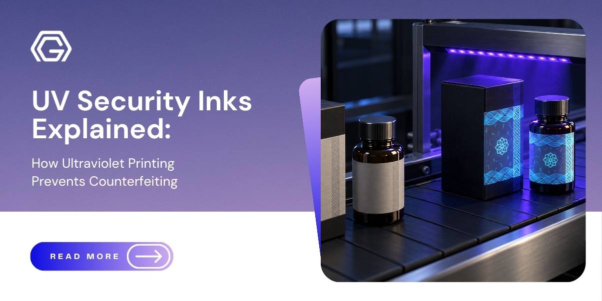 Pharmaceutical cartons and vials printed with UV security ink fluorescing under an ultraviolet inspection lamp on a packaging line